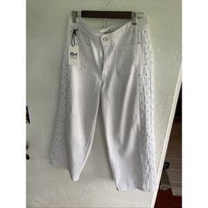 Rebecca Minkoff NWT Embroidered Eyelet High-Rise Wide-Leg Cropped White Jeans‎ 8